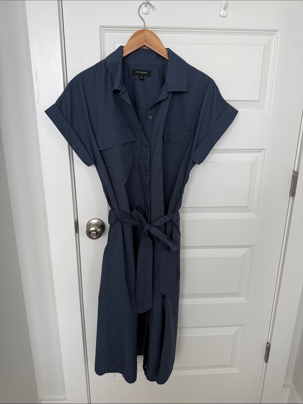 Banana Republic Factory Navy Short-Sleeve Shirt Jumpsuit with Tie Waist